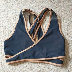 Fabletics Faye Medium Impact Sports Bra L Blue Criss Cross FauxWrap Mesh Overlay